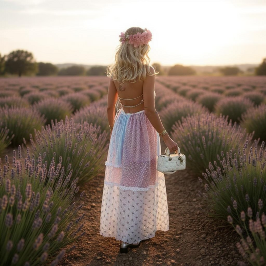 Floral Sheer Mesh Lace Patchwork Halter Maxi Flare Dress