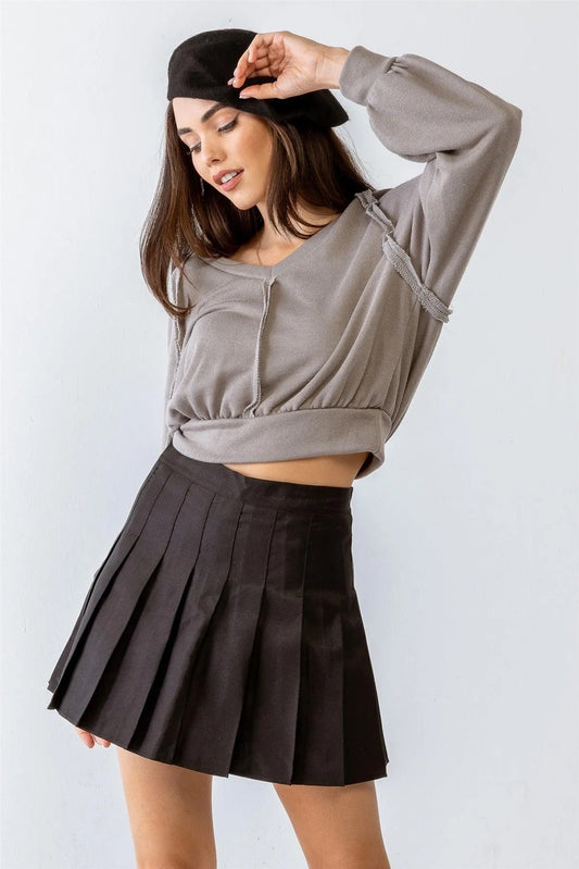 Grey Inside-Out Detailed Long Sleeve Crop top