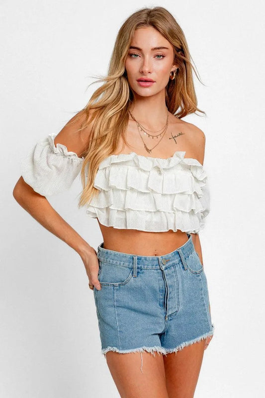 Off Shoulder Frill Stripe Ruffle Crop