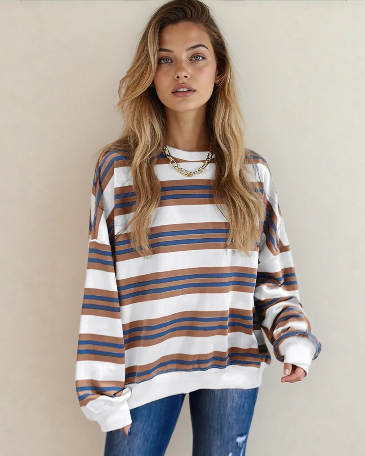Sophie Stripe Crew Neck Drop Shoulder Pullover Sweatshirt